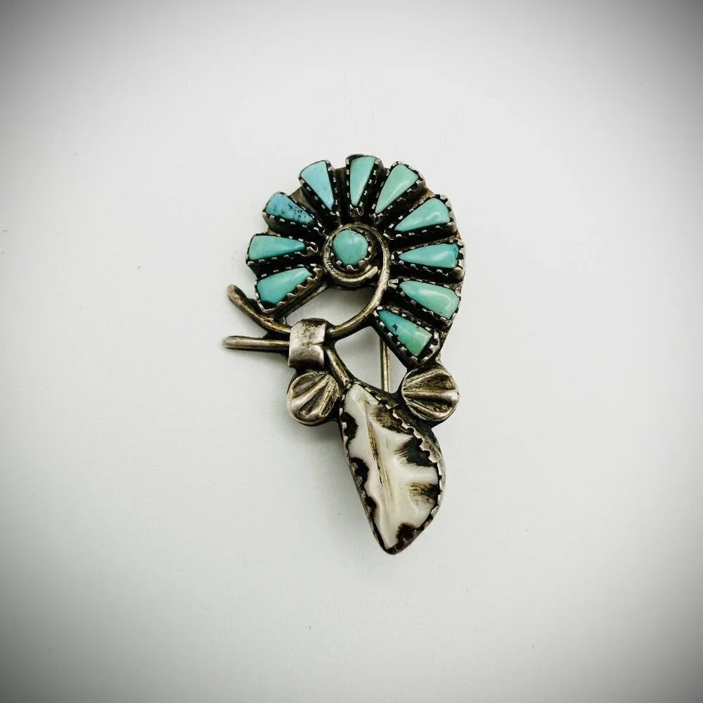 Vintage Zuni Sterling Silver Turquoise Needlepoint Flower Brooch